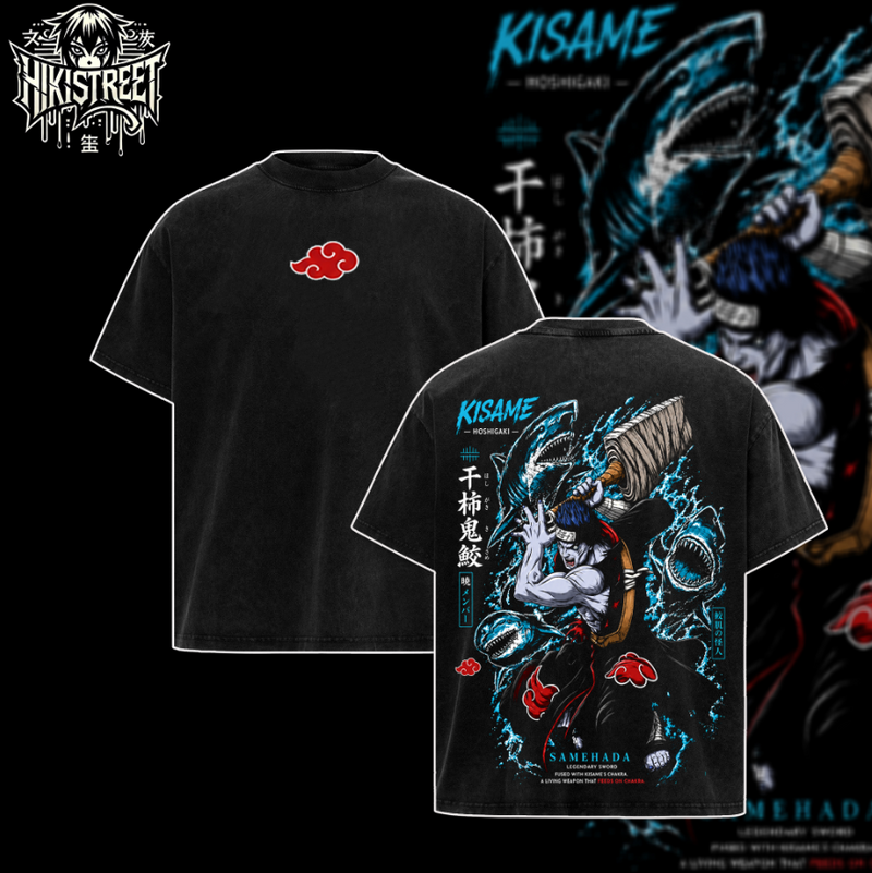[HIKISTREET] Vintage Akatsuki Kisame Acid Washed T-Shirt, Naruto Merch, Anime Washed Oversized Tee, Aesthetic Anime Streetwear Gift