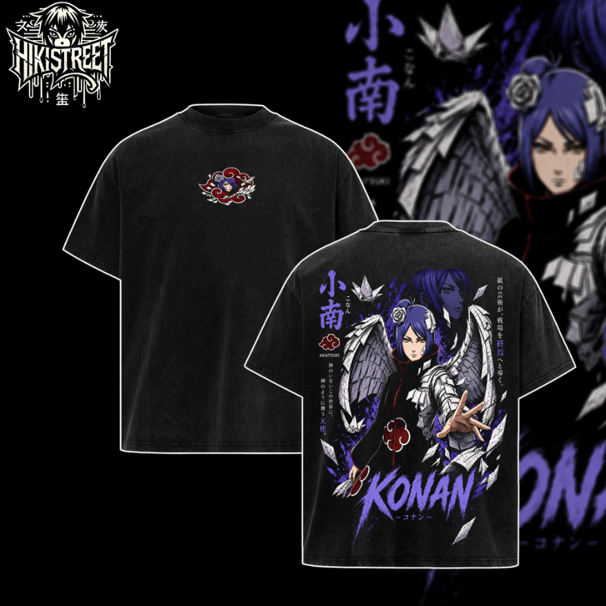 [HIKISTREET] Vintage Akatsuki Konan Acid Washed T-Shirt, Naruto Merch, Anime Washed Oversized Tee, Aesthetic Anime Streetwear Gift
