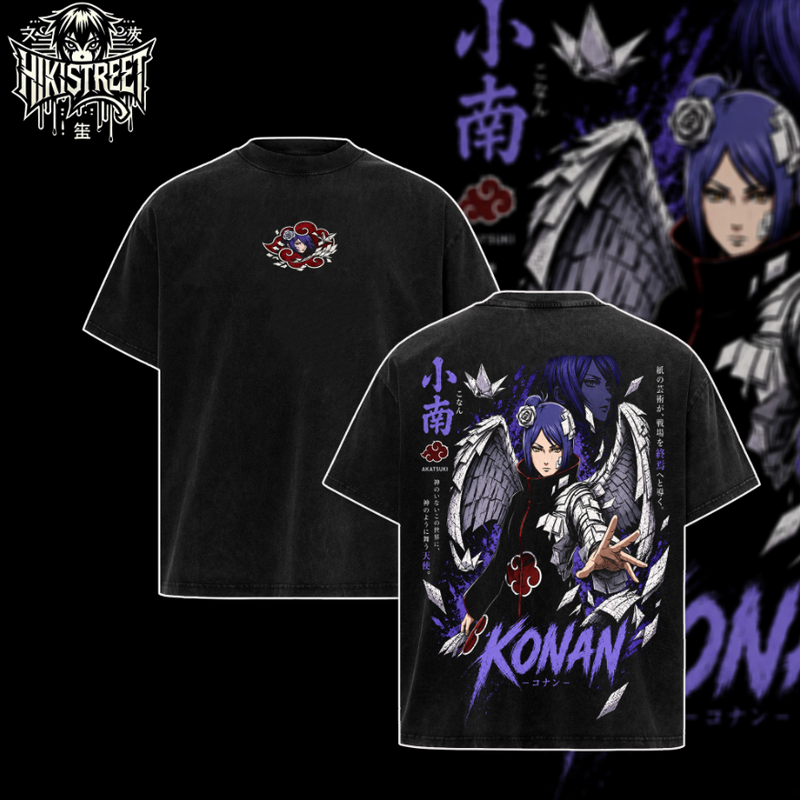 [HIKISTREET] Vintage Akatsuki Konan Acid Washed T-Shirt, Naruto Merch, Anime Washed Oversized Tee, Aesthetic Anime Streetwear Gift