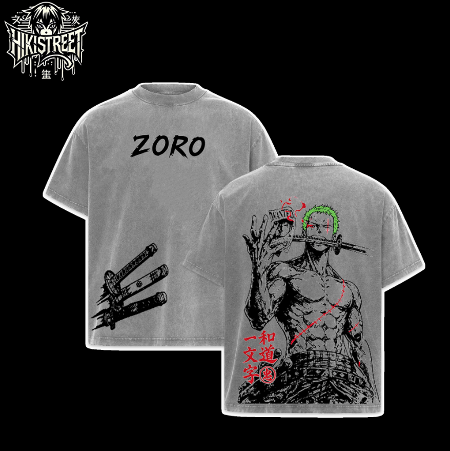 [HIKISTREET] Vintage Zoro Acid Washed T-Shirt, One Piece Merch, Anime Washed Oversized Tee, Aesthetic Anime Streetwear Gift