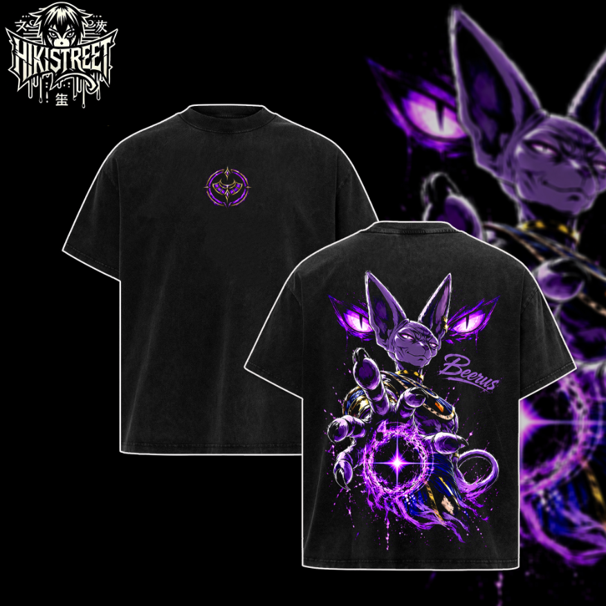 [HIKISTREET] Vintage Beerus Acid Washed T-Shirt, Dragon Ball Merch, Anime Washed Oversized Tee, Aesthetic Anime Streetwear Gift