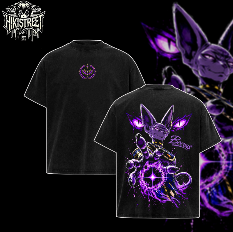 [HIKISTREET] Vintage Beerus Acid Washed T-Shirt, Dragon Ball Merch, Anime Washed Oversized Tee, Aesthetic Anime Streetwear Gift